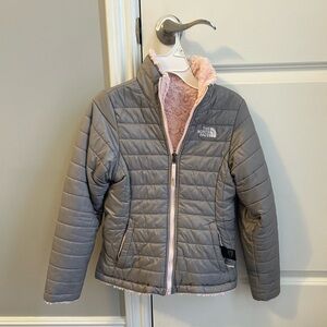 The North Face Girls' Quilted Jacket in Light Gray with Pink Trim, reversable